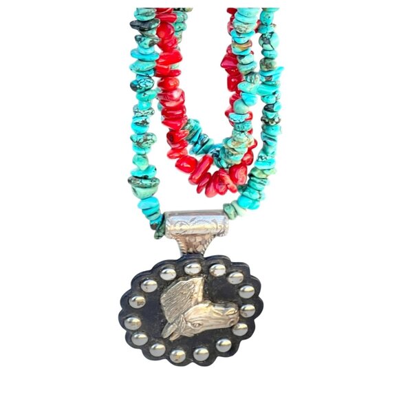 Turquoise & Vintage Coral Beaded Necklace Trigg Leather Horse Equestrian pendant - Picture 1 of 12